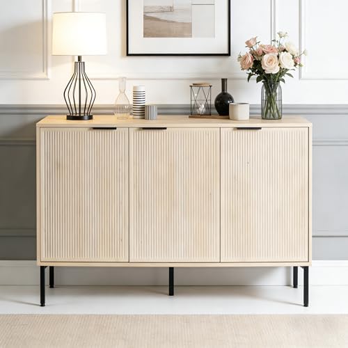 VDNEND Modern Buffet Sideboard Cabinet with Storage, Fluted Coffee Bar with 3 Doors and Adjustable Shelves, Wood Console Cabinet for Dining Room, Kitchen, Living Room, Entryway