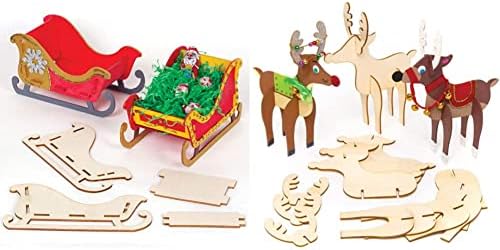 Baker Ross AT286 Wooden Sleigh Craft Kits-Pack of 5, Christmas Art Activities for Kids to Make, Decorate and Display, Assorted & AT176 Festive Reindeer Woodcraft Kit-Pack of 6
