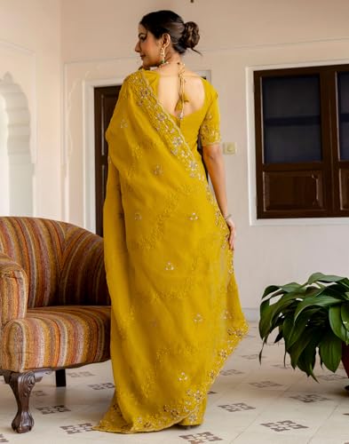 Image of SIRIL Women's Shimmer Chiffon Sequence Embroidery Saree With Unstitched Blouse Piece for Wedding and Parties