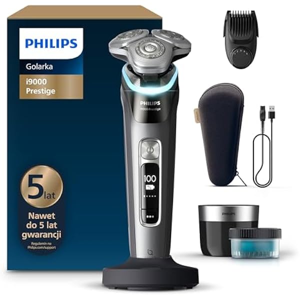 Philips Shaver i9000 Prestige golarka elektryczna do golenia na sucho i mokro z technologią Skin IQ System Triple Lift Cut podwójne ostrza SteelPrecision 360º stylizator brody Model XP9202 33