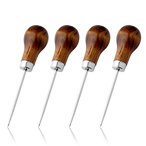 Pack of 4 Gourd Shape Wooden Handle Scratch Awl Tool Pin Punching for Leather Pouch Hole DIY Handmade(Gourd Awl)