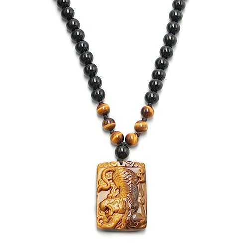 Protection Crystal Tigers Eye Necklace for Men - Real Tiger Eye Crystal Black Obsidian Beaded Men's Necklace, Hand Carve Healing Stone Lucky Amulet Pendant Necklace Valentines Gifts for Him