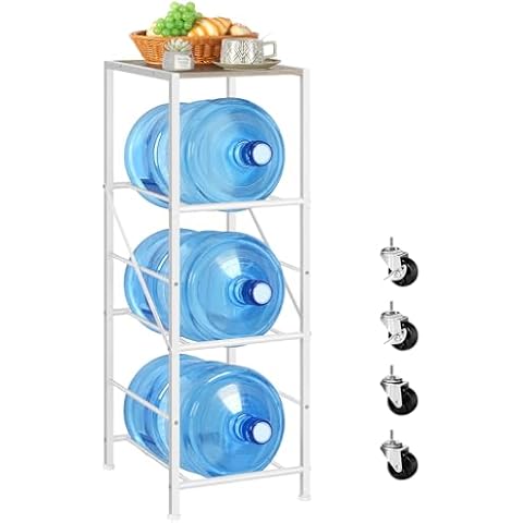 YBING Water Jug Holder 5 Gallon Movable Water Bottle Storage Organizer, 3-Tier Water Jug Stand with Shelf, Water Jug Dispenser Rack, Water Jug Stand for Kitchen, Office, Living Room, Gray Cover