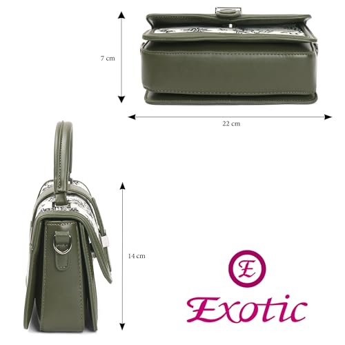 Image of EXOTIC Rosetta Structured Sling Bag for Women | Printed Panel Handbag with Top Handle & Detachable Crossbody Strap | Multi-Compartment Satchel Purse