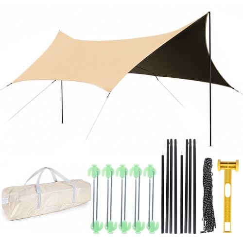 CAODITU Waterproof Camping Tarp Hammock Rain Fly -14.7×14.7ft with 2 Poles, Tent Blackout UV Protection & Waterproof & Lightweight Tarp, for Camping, Outdoor, Traveling, Hiking (Hexagon, Gold) by caoditu - Used condition - US$38.39