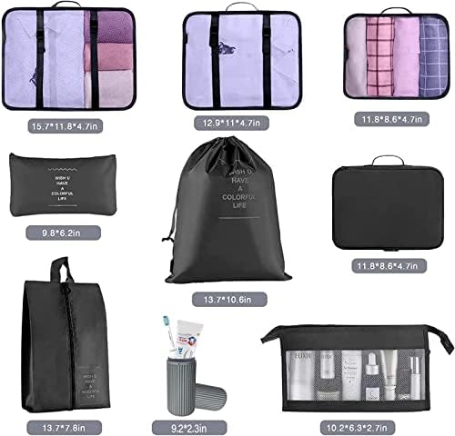 ZDKGER Packing Cubes,9 PCS Travel Luggage Organizers Set Waterproof Suitcase Organizer Bags Travel Essentials Bag(Black)
