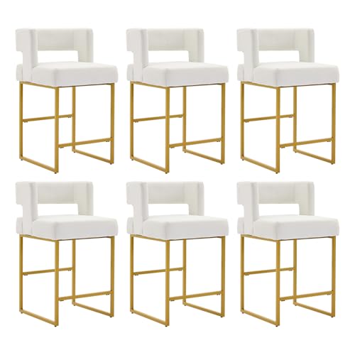 Image of 26 inch H Velvet Bar Stools Set of 6, Counter Height Bar Seats with Square Back, Modern Upholstered Armless Barstools with Metal Gold Legs for Kitchen Island Dining Room Bar, White