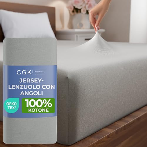 Lenzuolo Con Angoli 180X200 Cm – Lenzuolo In Jersey Elasticizzato 100% Cotone, Certificato Oeko-Tex, Premium, Morbido, Coprimaterasso In Jersey Per Materassi A Molle Fino A 30 Cm – Grigio Chiaro