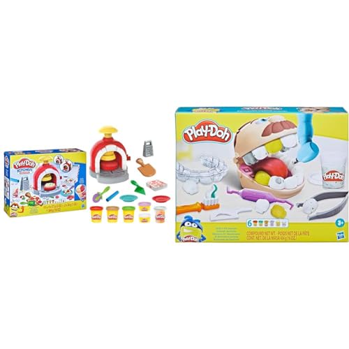 Image of Play-Doh Kitchen Creations Pizza Oven Playset with 6 Cans of Modeling Compound and 8 Accessories & Drill 'n Fill Dentist Toy for Children 3 Years and Up with 8 Modelling Compound Pots