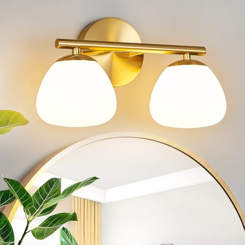 Image of Modern 2 Light Bathroom Vanity Light Gold Vanity Light Bathroom Light Fixtures Over Mirror with Milk Glass Shade Bathroom Vanity Lighting Fixtures