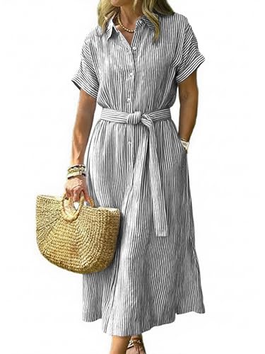 chouyatou Women's Summer Boho Belted Striped Shirt Dress Casual Loose Short Sleeve Midi Long Beach Dress (Medium, Black)