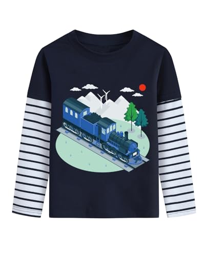 Kid Boy Striped Long Sleeve Top Train Mountains T-Shirt Kid Casual Cotton Tee Shirt 4 Years