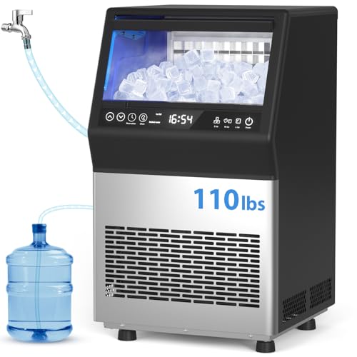 Commercial Ice Maker, 110LBS/24H Undercounter/Freestanding Ice Machine with Self-Priming Gallon Water& Facuet Water Inlet, Self-Cleaning, 3 Ice Thickness,18LB Storage Bin for Home, Office,Garage