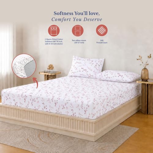 Image of Jaipur Weaves Queen Size Fitted Bedsheet Cotton with Elastic, 100% Pure Cotton Double Bed Fitted Sheet with 2 Pillow Covers, 240 TC, 60x78 Inches up to 8-inch Mattress, Floral Design - (Tulips Pink)