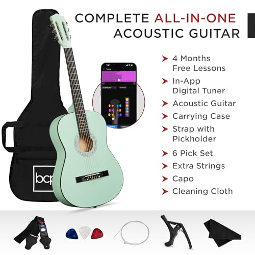 Image of Best Choice Products 38in Beginner All Wood Acoustic Guitar Starter Kit w /Case, Strap, Digital Tuner, Pick, Strings - SoCal Green