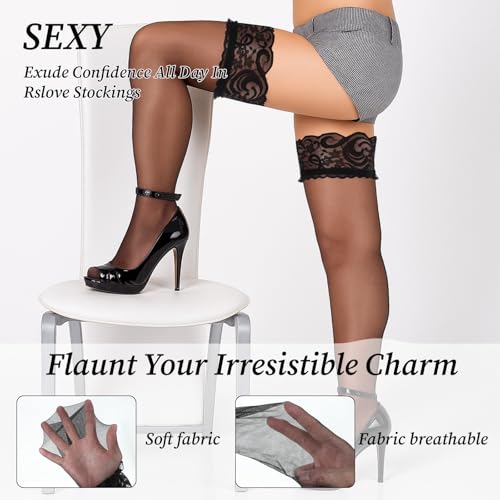 Plus Size Thigh High Stockings for Women, Black Lace Semi Sheer Sexy Thigh Highs Large Size Lace Stockings Lingerie Stocking Pantyhose3