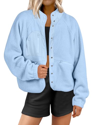 ANRABESS Womens Fuzzy Fleece Jacket Fall Casual Long Sleeve Cropped Sherpa Button Down Shacket Coats Outwear With Pockets