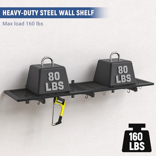 Image of Garage Wall Shelf, Heavy Duty Garage Shelving, 46 inchX 12.5 inch Wall Mounted Shelves, Metal Floating Storage Rack with 4 Hooks, Utility Organizer Max Load 160 LBS for Laundry Room, Basement, Workshop