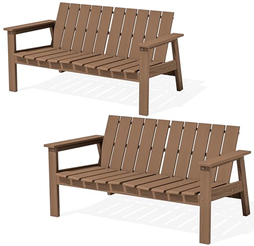 Image of SERWALL 2-Person HDPE All-Weather Outdoor Bench Set of 2, Brown