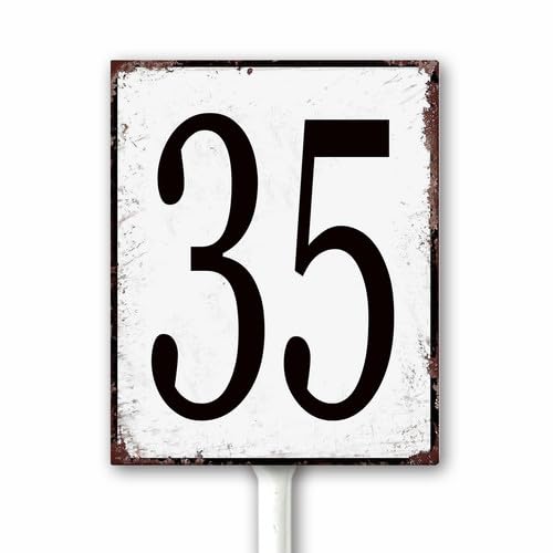 Aluminum Number Sign 35 Metal Numbered Yard Sign With Stake Outdoor for Tennis Court, Parking Lots, Floor, Dock, Court, Aisle, Field, Farm 12x15 CM High Visibility Rust Free (Retro White)