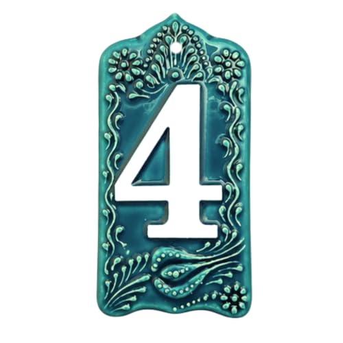 Handmade Ceramic House Number Tile – Custom Outdoor Address Sign – Turkish Iznik Art – Weatherproof Door Decor – 0 to 9 Digits (Green, With hole 4)