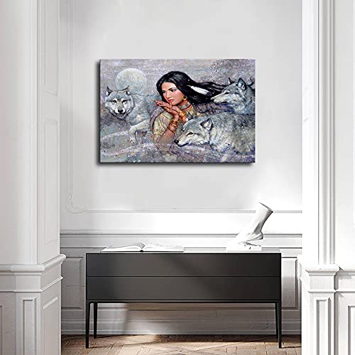 Indian Maiden And Wolf Native American Poster Picture Art Print Canvas Wall Art Home Living Room Bedroom Decor Mural (16×20Inch-Framed) #TOP1