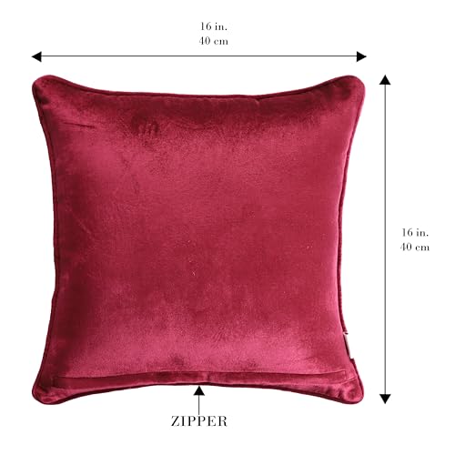 Image of Home - The Best is for You Luxurious Burgundy Velvet Cushion Covers with Embroidered Abstract Dandelion Design - Pack of 2, 16x16 Inch