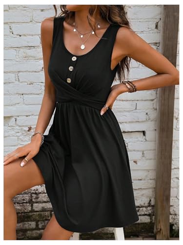 Image of SweatyRocks Women's Sleeveless Twist Button Front Scoop Neck Mini Swing Dress