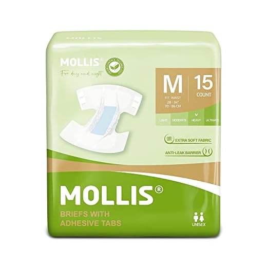 MOLLIS Adult Diapers for Women and Men, Unisex Disposable Incontinence Briefs with Tabs, Maximum Absorbency, Overnight Leak Protection, Medium, 15 Count
