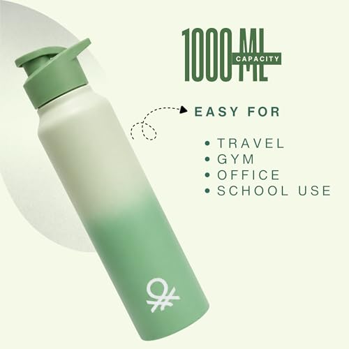 Image of United Colors of Benetton 1L (1000ML) Stainless Steel Water Bottle, Single Wall, Lightweight, Durable, Leak-Proof Cap, BPA-Free, Rust Resistant, Easy to Clean, Travel /Gym /Office /School Use