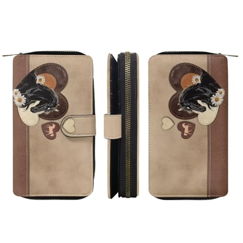 Image of COEQINE Ladies Wallets Pink Leopard Heart Black Printed Leather Phone Long Clutch Purses Check Coin Change Holder