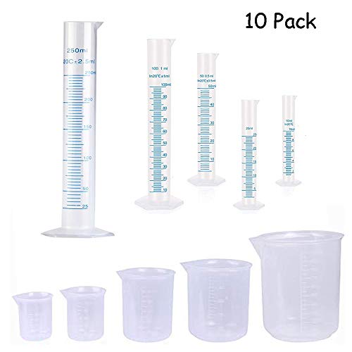 10 Pack Plastic Graduated Cylinkers Beakers Set,Clear Measuring Cylinker 5 Sizes-10ml,25ml,50ml,100ml,250ml and Measuring