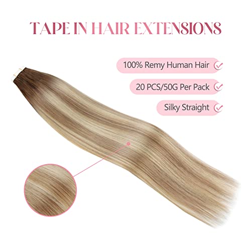 Image of Sixstarhair Tape In Hair Extensions Rooted Brown Fading to Ash Brown Mixes with Beach Blonde Hair Extensions 20 Pieces Remy Human Hair Extensions [Color R3-8P613# 16inch]