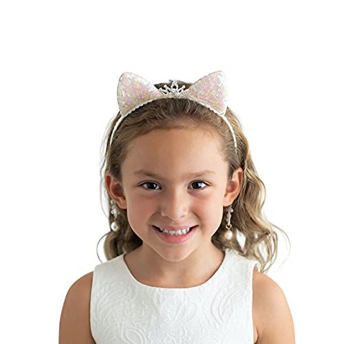 Summer Crystal Cat Kitty Ears Headband, Glitter Reflective Cat Ears, Rhinestone, Lace and Pearl Pendant, Imitation Earri