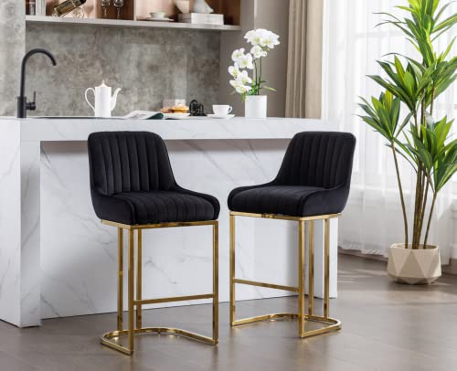 Cimota Counter Bar Stools With Gold Legs Set Of 2, 26 Inch Height Modern Bar Chairs Comfy Kitchen Island Stool Chairs Stripe Barstools For Home Bar/Pub/Restaurant, Velvet Black 2Pcs #TOP5