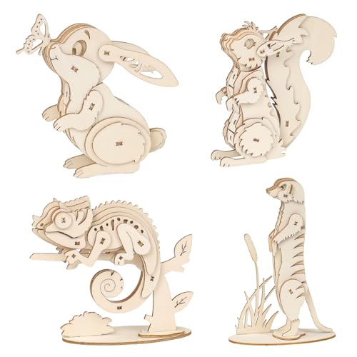 ELX 3D Wooden Animal Puzzles for Kids 6+, 4 Piece Set Animal Models, Wood Building Craft Kits Stem Toys peresents for Kids and Adults