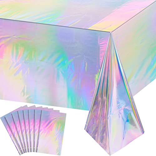 Image of 8 Pack Iridescence Plastic Tablecloths Shiny Disposable Laser Rectangle Table Covers Holographic Foil Tablecloth Iridescent Party Decoration Birthday Bridal Wedding Christmas 54 inch x 108 inch(Laser)
