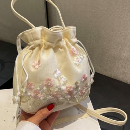 Bolso de mano con cordones estilo étnico bordado floral miniatura 5