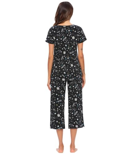 Image of ENJOYNIGHT Womens Pajama Sets Cotton Pj Set Short Sleeve Top With Capri Pants Sleepwear 2 Piece Lounge Set