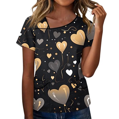 Women's Fashion Casual Printed Tshirts Work Clothes with Skew Collar and Double Layer Pocket Basic Tops Black