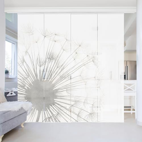 micasia Schiebegardine halbtransparent 60er Paneel Klett Textilpaneel Textil lichtdurchlässig - Pusteblume Vintage Flächenvorhang grau Wohnzimmer Schlafzimmer 2315 (240x250 cm - 4er Set)