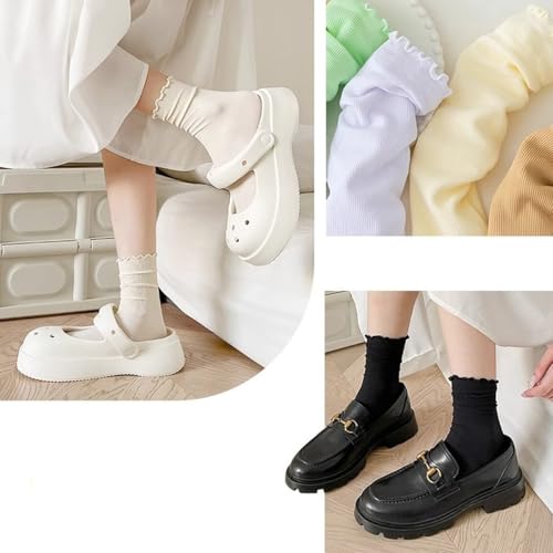 Lettuce Hem Crew Socks, Sheer Thin Girls Slouch Velvet Like Nylon, Ruffled Cuff Cooling, Scalloped Edge, Summer Preppy4