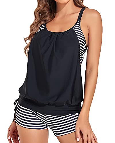 image for Holipick Black and White Stripe Tankini Swimsuit for Women Two Piec