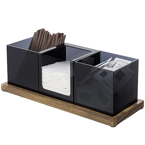 MyGift Modern Acrylic Coffee and Tea Station Organizer with 3 Removable Premium Translucent Black Acrylic Compartments and Rustic Burnt Solid Wood Decorative Tray, 4 Piece Set