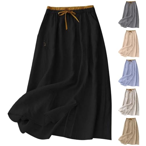 HGps8w Women's Vintage Patchwork Cotton Linen Maxi Skirt - Loose Elastic High Waisted Swing Long Skirts Dress2