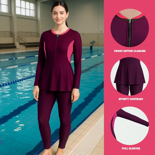Image of Hacer Frock Style Swimwear with Padde Full Sleeve Bodysuit Swimming Costume Full-Length One Piece Swimsuit for Pool Beach Women (S, 32, Wine)
