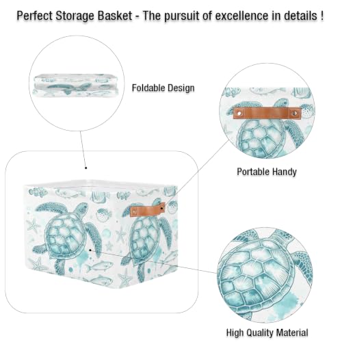 Image of Ocean Fish Square Storage Basket, Sea Turtle Fabric Storage Bin with Leather Handles Collapsible Storage Bin Nursery Hamper for Organizing Toys, Clothes, Books, Gift Baskets