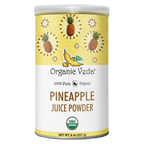 Organic Veda Pineapple Powder - Organic Pineapple Fruit Juice Powder Concentrate for Drink Mix, Smoothies, Baking - Vegan Bromelain, No Preservatives, Artificial Flavors, Sugar free, Non-GMO - 8 oz Cover