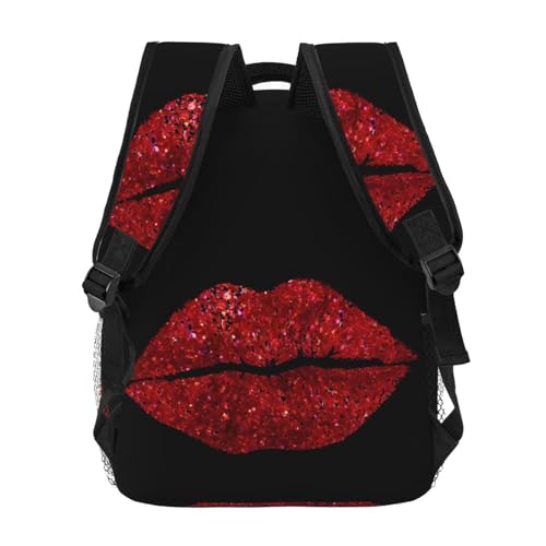 Red Glitter Lips Casual Backpack Travel Pack Bag Laptop Backpacks With Side Pockets Front Zipper Pockets Bookpack Daypack Picnic Rucksack Computer Bag4