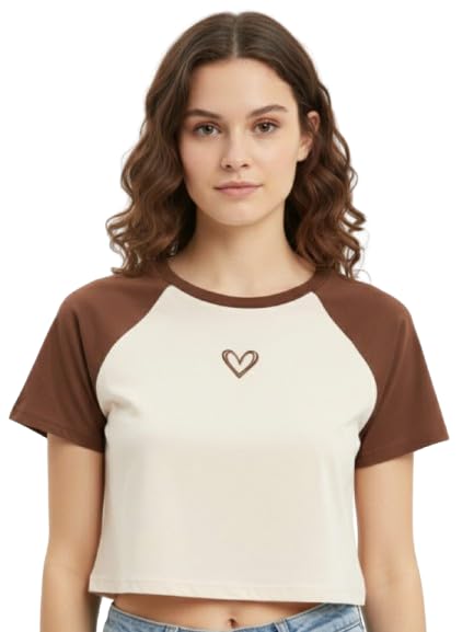 Women's Crop Top, Two-Tone Raglan Sleeves, Heart Embroidery, Cream and Brown-picture-55